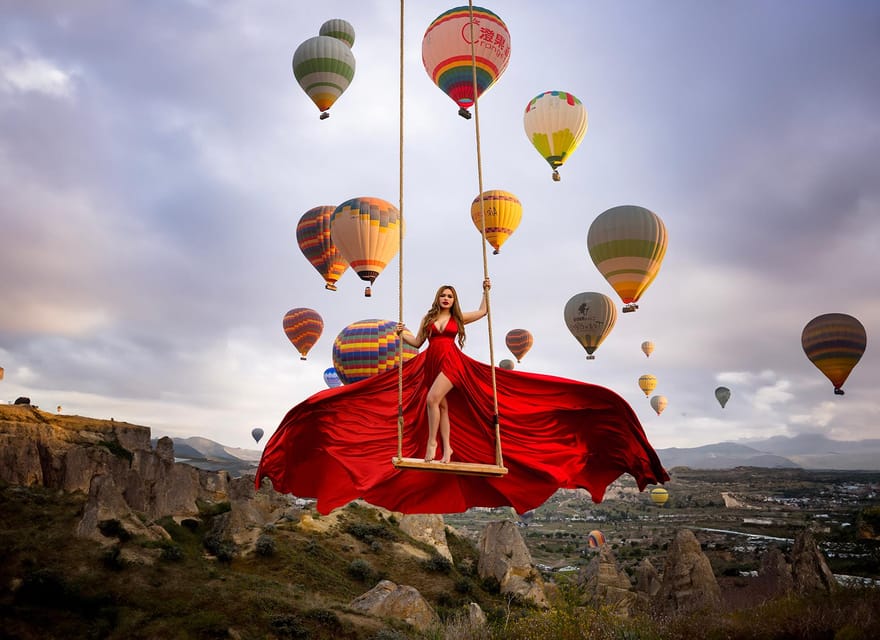 Cappadocia: Taking photo with Swing at hot air balloon view - The crane swing and flowing dress
